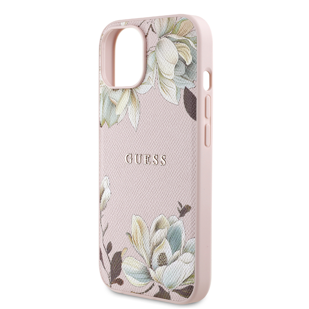 Apple iPhone 15 Uyumlu Kılıf Guess Orjinal Lisanslı M-safe Şarj Özellikli Taneli Çiçek Tasarımlı Metal Yazı Logolu Kapak - 5
