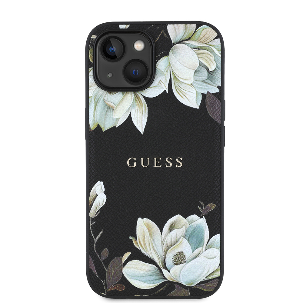 Apple iPhone 15 Uyumlu Kılıf Guess Orjinal Lisanslı M-safe Şarj Özellikli Taneli Çiçek Tasarımlı Metal Yazı Logolu Kapak - 9