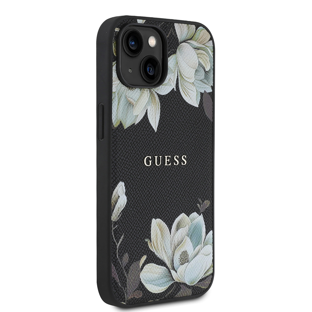 Apple iPhone 15 Uyumlu Kılıf Guess Orjinal Lisanslı M-safe Şarj Özellikli Taneli Çiçek Tasarımlı Metal Yazı Logolu Kapak - 10