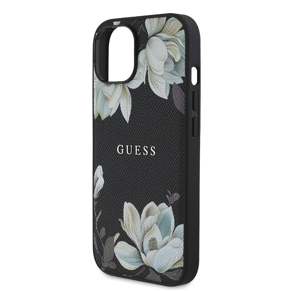 Apple iPhone 15 Uyumlu Kılıf Guess Orjinal Lisanslı M-safe Şarj Özellikli Taneli Çiçek Tasarımlı Metal Yazı Logolu Kapak - 12