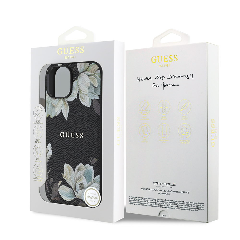 Apple iPhone 15 Uyumlu Kılıf Guess Orjinal Lisanslı M-safe Şarj Özellikli Taneli Çiçek Tasarımlı Metal Yazı Logolu Kapak - 14