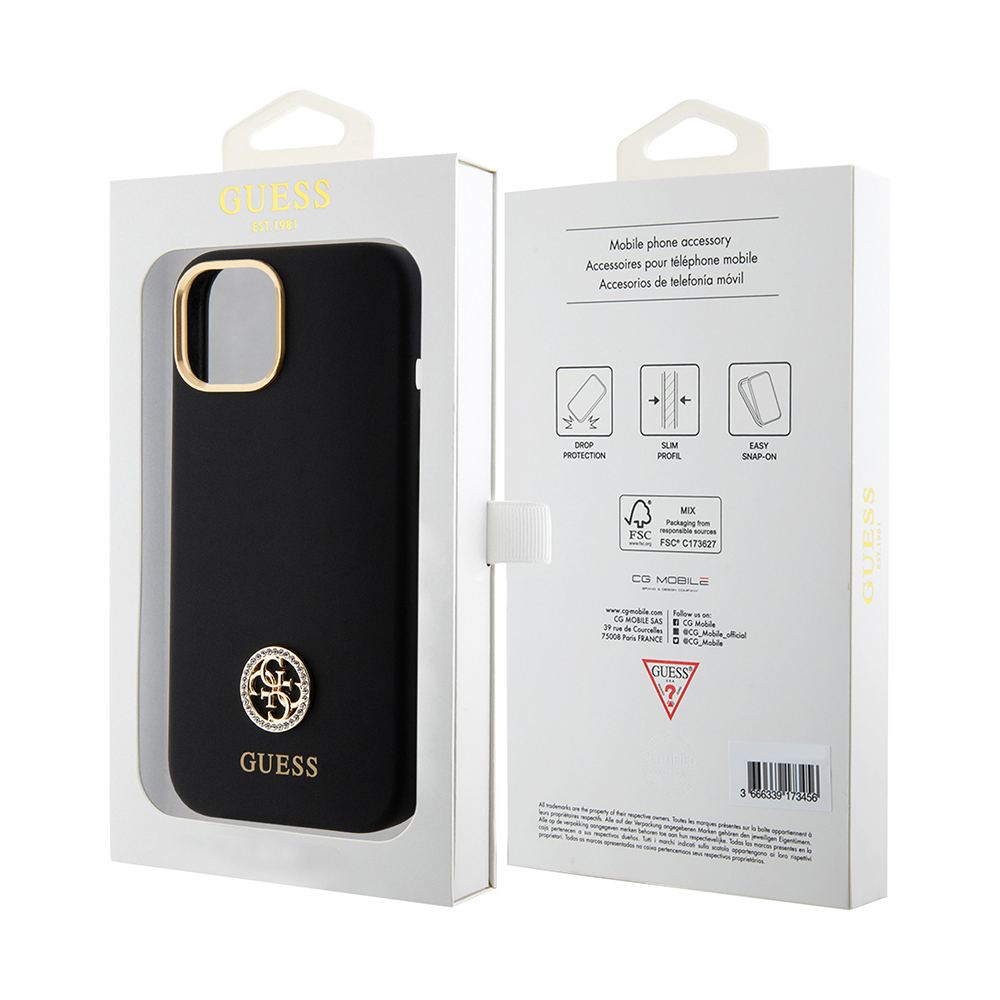 Apple iPhone 15 Uyumlu Kılıf Guess Orjinal Lisanslı Yazı ve Taşlı 4G Logolu Metal Kamera Çerçeveli Silikon Kapak - 7