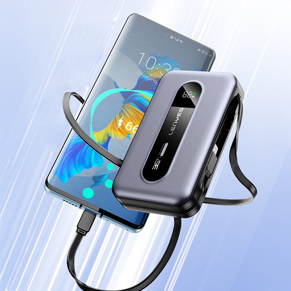 Lenyes PX1002D Dijital LED Göstergeli Teleskopik Type-C ve Lightning Kablolu Powerbank 35W 10.000mAh - 2