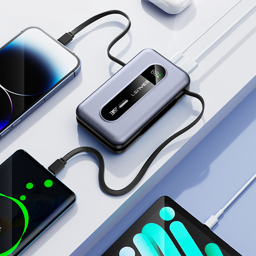 Lenyes PX1002D Dijital LED Göstergeli Teleskopik Type-C ve Lightning Kablolu Powerbank 35W 10.000mAh - 5
