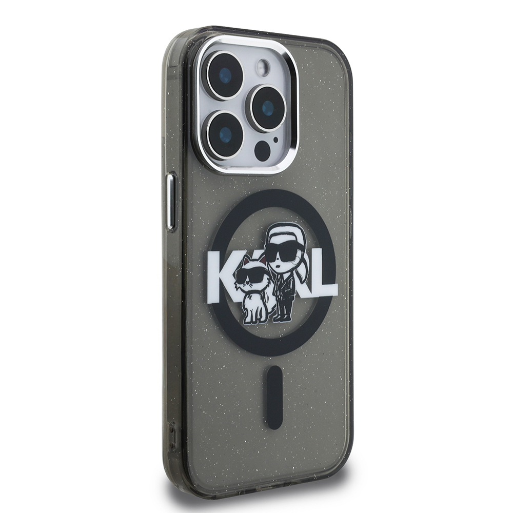 Apple iPhone 15 Pro Max Uyumlu Kılıf Karl Lagerfeld Orjinal Lisanslı Parlayan Simli Karl & Choupette Sketch Logo Kapak - 1