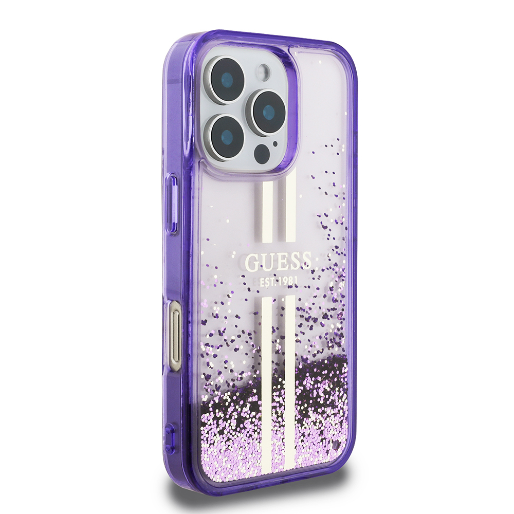 Apple iPhone 16 Pro Max Uyumlu Kılıf Guess Orjinal Lisanslı Transparan Sıvılı Simli Altın Çizgili Kapak - 3