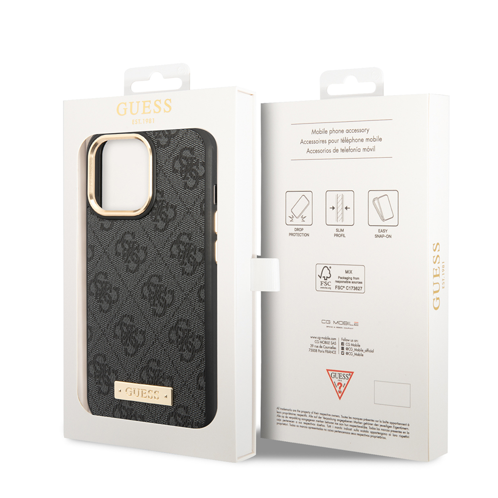 Apple iPhone 14 Pro Max Uyumlu Kılıf Guess Orjinal Lisanslı M-safe Şarj Özellikli 4G Desenli PU Metal Plaka Klasik Logolu Kapak - 6