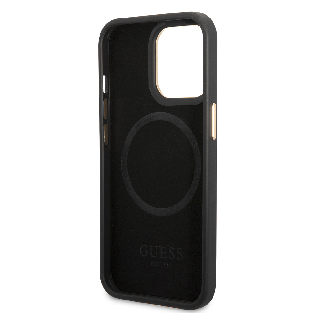 Apple iPhone 14 Pro Max Uyumlu Kılıf Guess Orjinal Lisanslı M-safe Şarj Özellikli 4G Desenli PU Metal Plaka Klasik Logolu Kapak - 13