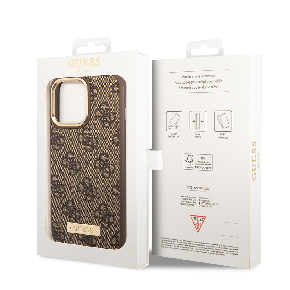 Apple iPhone 14 Pro Max Uyumlu Kılıf Guess Orjinal Lisanslı M-safe Şarj Özellikli 4G Desenli PU Metal Plaka Klasik Logolu Kapak - 14
