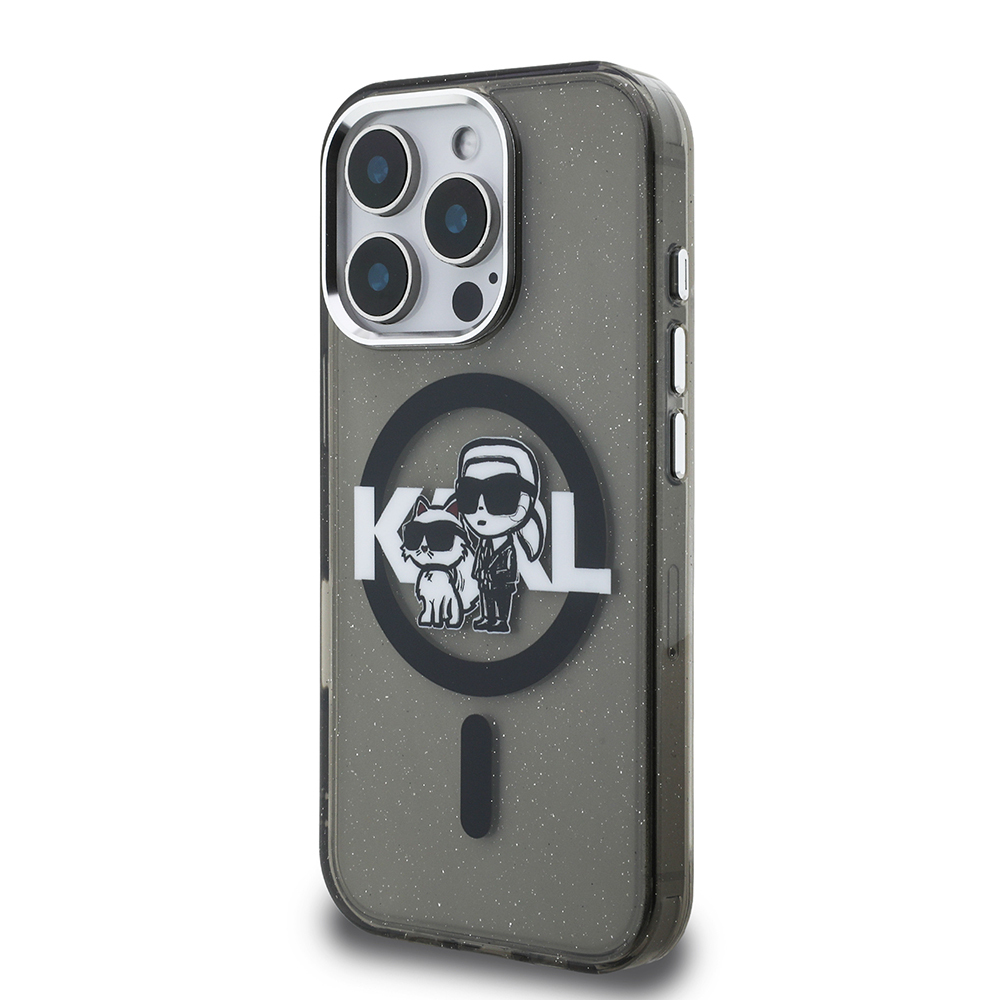 Apple iPhone 16 Pro Uyumlu Kılıf Karl Lagerfeld Orjinal Lisanslı Parlayan Simli Karl & Choupette Sketch Logo Kapak - 1