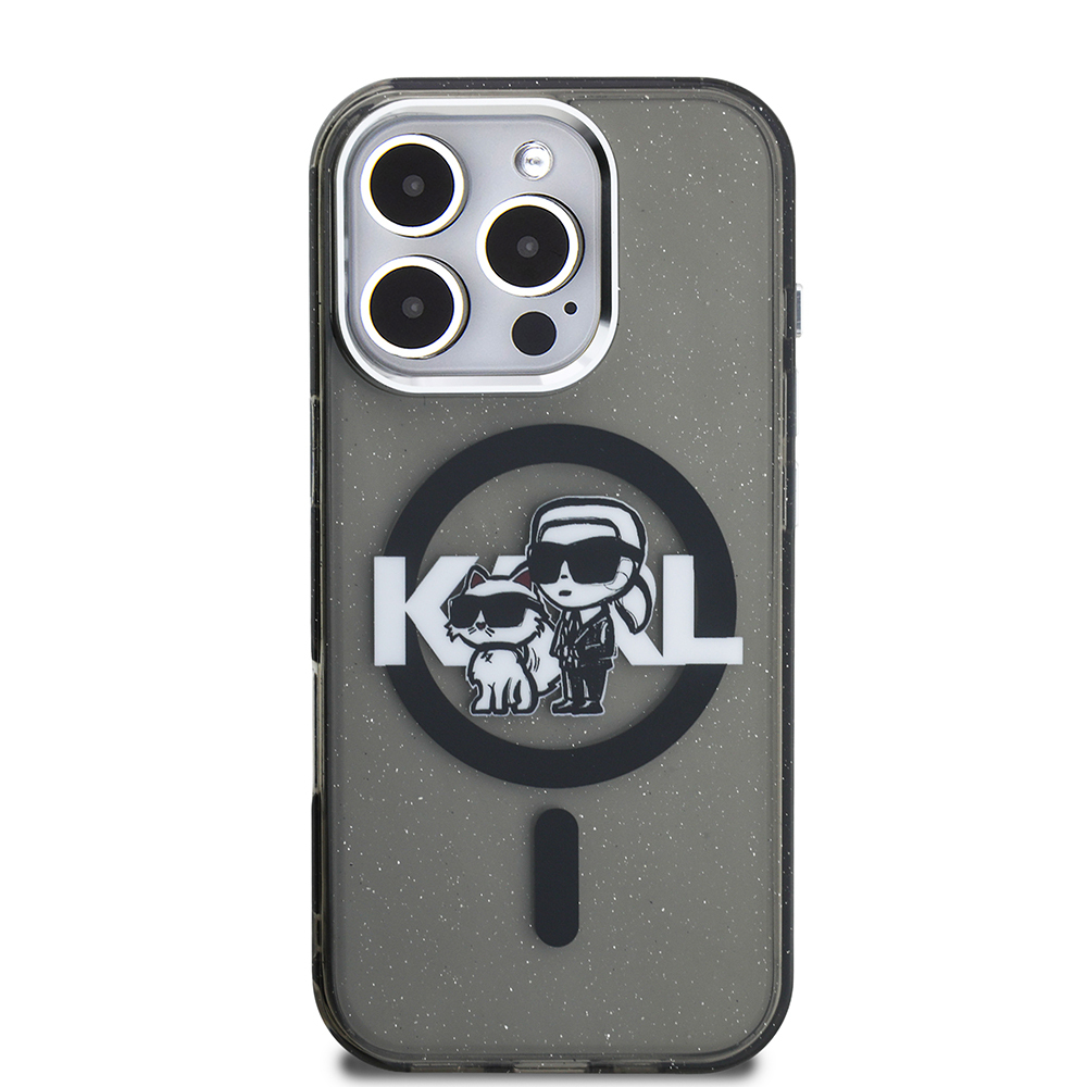 Apple iPhone 16 Pro Uyumlu Kılıf Karl Lagerfeld Orjinal Lisanslı Parlayan Simli Karl & Choupette Sketch Logo Kapak - 2
