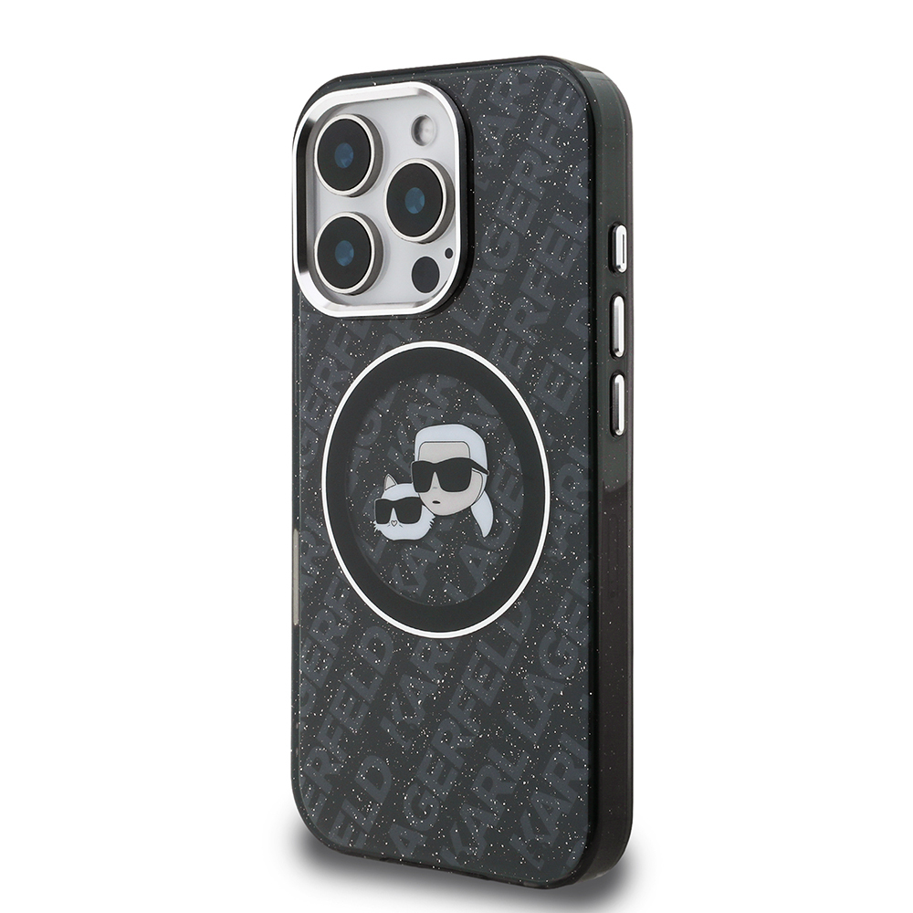 Apple iPhone 16 Pro Uyumlu Kılıf Karl Lagerfeld Orjinal Lisanslı Parlayan Simli Karl & Choupette Heads Kapak - 1