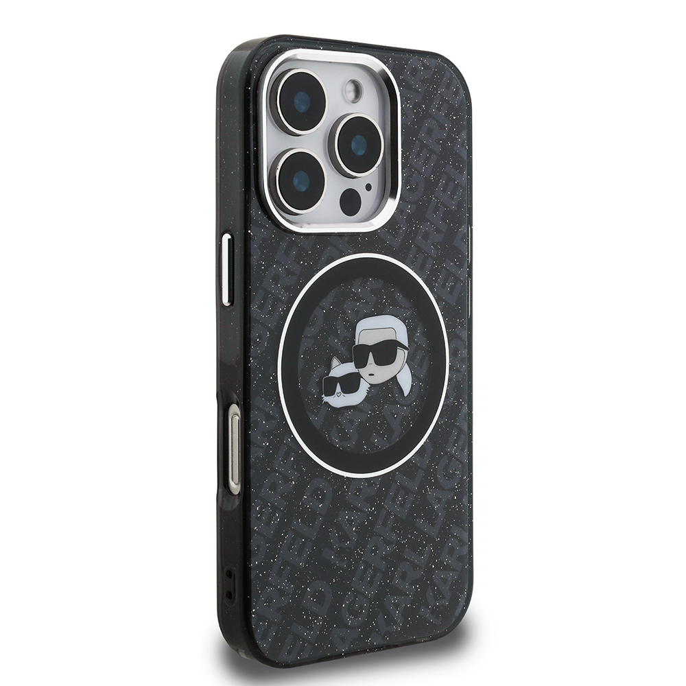 Apple iPhone 16 Pro Uyumlu Kılıf Karl Lagerfeld Orjinal Lisanslı Parlayan Simli Karl & Choupette Heads Kapak - 3