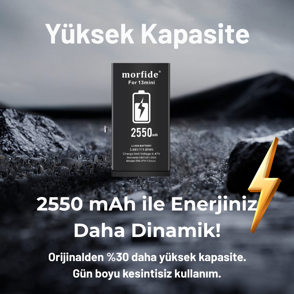 Apple iPhone 13 Mini Uyumlu 2550mAh Yüksek Kapasiteli Batarya - Gelişmiş Akıllı Chip - Pil Sağlığı Destekli - Morfide M-Max