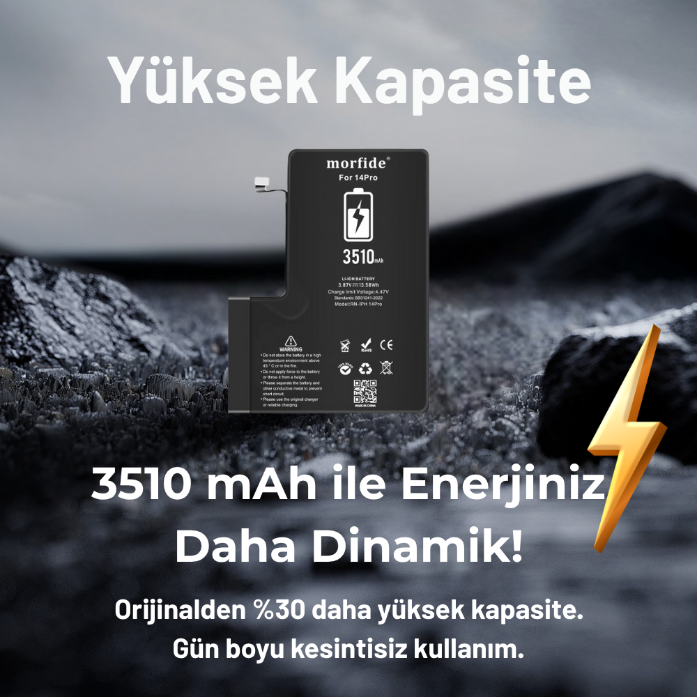 Apple iPhone 14 Pro Uyumlu 3510mAh Yüksek Kapasiteli Batarya - Gelişmiş Akıllı Chip - Pil Sağlığı Destekli - Morfide M-Max
