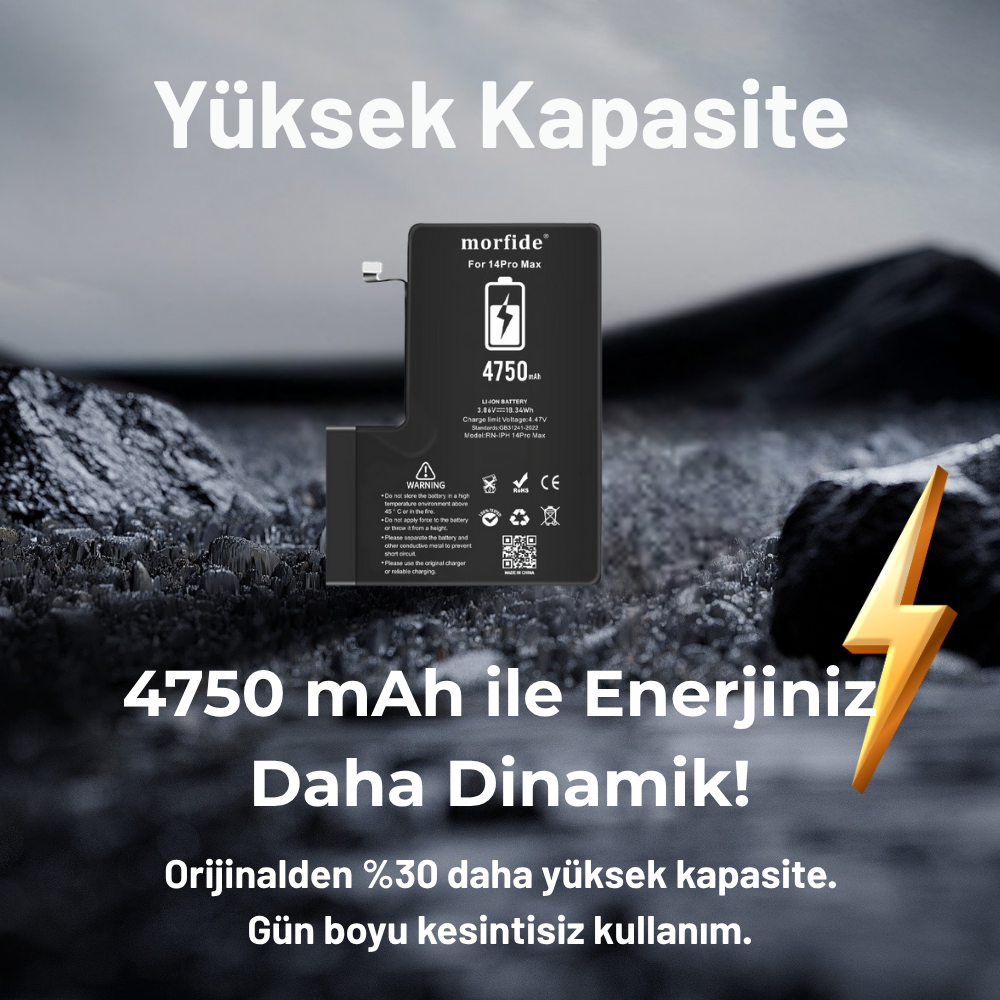 Apple iPhone 14 Pro Max Uyumlu 4750mAh Yüksek Kapasiteli Batarya - Gelişmiş Akıllı Chip - Pil Sağlığı Destekli - Morfide M-Max