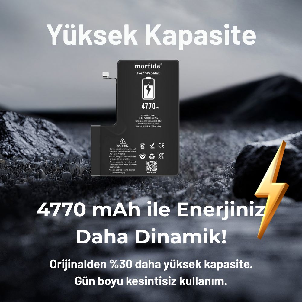 Apple iPhone 15 Pro Max Uyumlu 4770mAh Yüksek Kapasiteli Batarya - Gelişmiş Akıllı Chip - Pil Sağlığı Destekli - Morfide M-Max