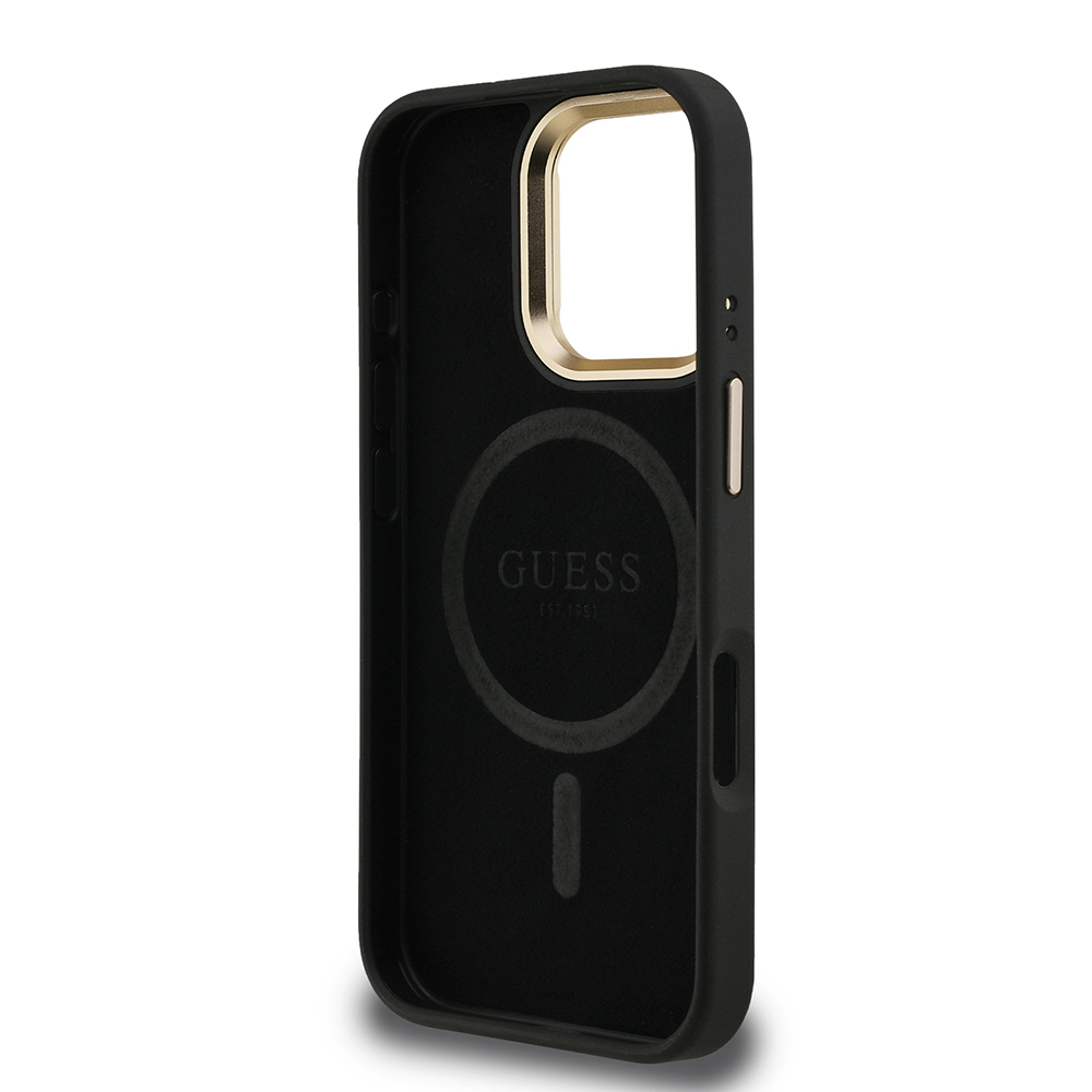 Apple iPhone 16 Pro Max Uyumlu Kılıf Guess Orjinal Lisanslı PU Deri Taşlı Üçgen Logo 4G Desenli Kamera Standlı Kapak - 6
