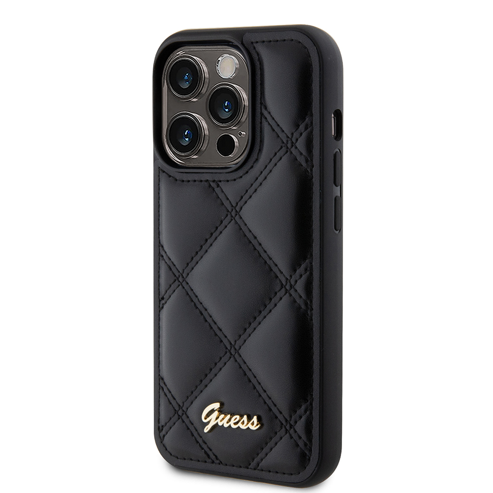 Apple iPhone 14 Pro Max Uyumlu Kılıf Guess Orjinal Lisanslı PU Deri Metal Yazı Logolu Kapitone Kapak - 1