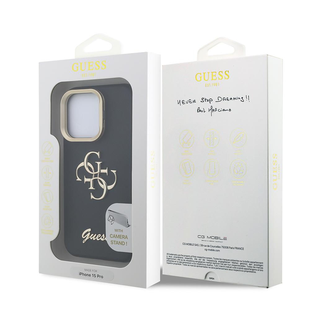 Apple iPhone 15 Pro Uyumlu Kılıf Guess Orjinal Lisanslı Grained Yazı Logolu Kamera Standlı Kapak - 7