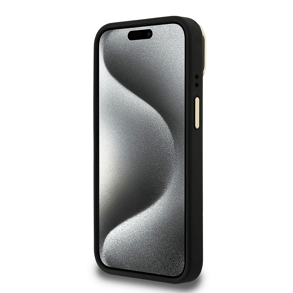 Apple iPhone 15 Uyumlu Kılıf Guess Orjinal Lisanslı PU Deri Taşlı Üçgen Logo 4G Desenli Kamera Standlı Kapak - 4
