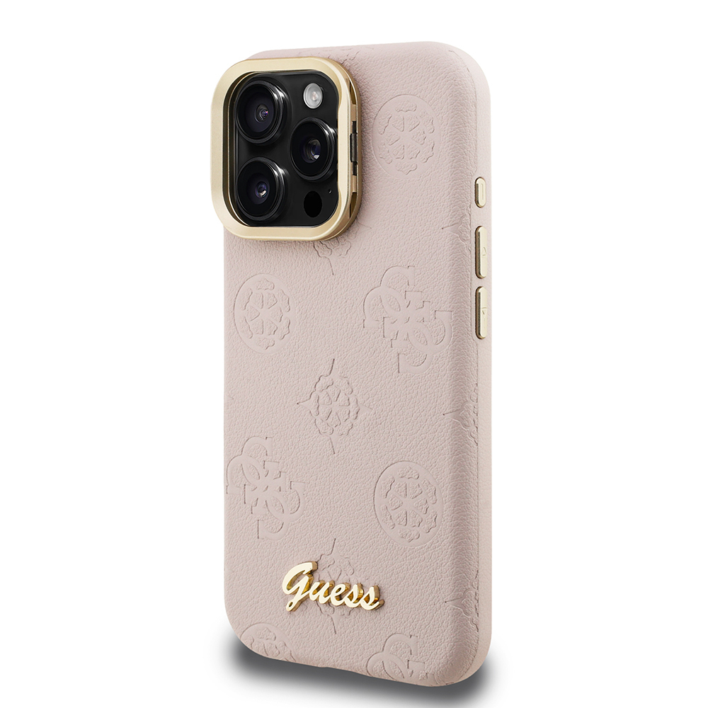 Apple iPhone 15 Pro Uyumlu Kılıf Guess Orjinal Lisanslı M-safe Şarj Özellikli Sıcak Baskılı Yazı Logolu Kamera Standlı PU Deri Peony Kapak - 15