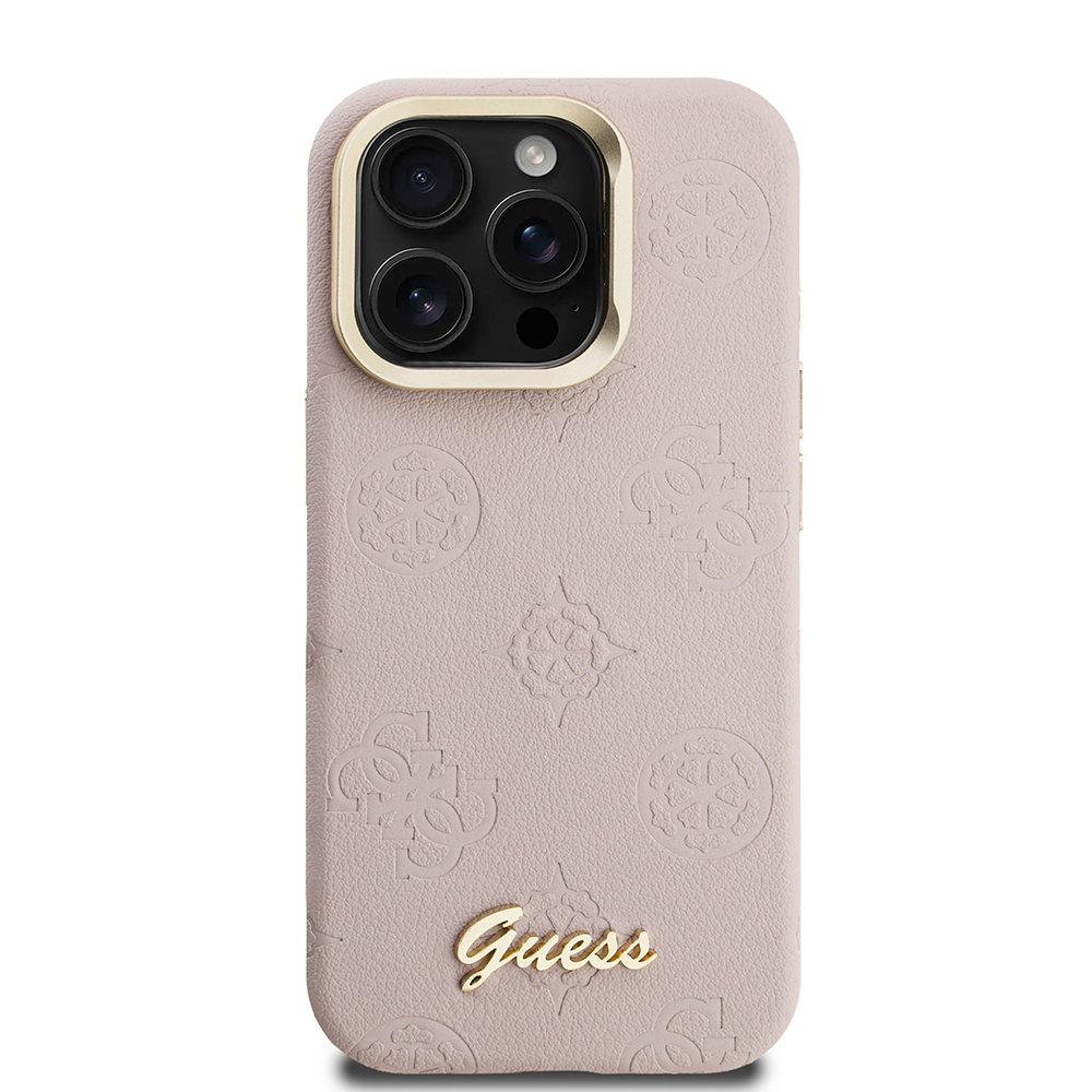 Apple iPhone 15 Pro Uyumlu Kılıf Guess Orjinal Lisanslı M-safe Şarj Özellikli Sıcak Baskılı Yazı Logolu Kamera Standlı PU Deri Peony Kapak - 16