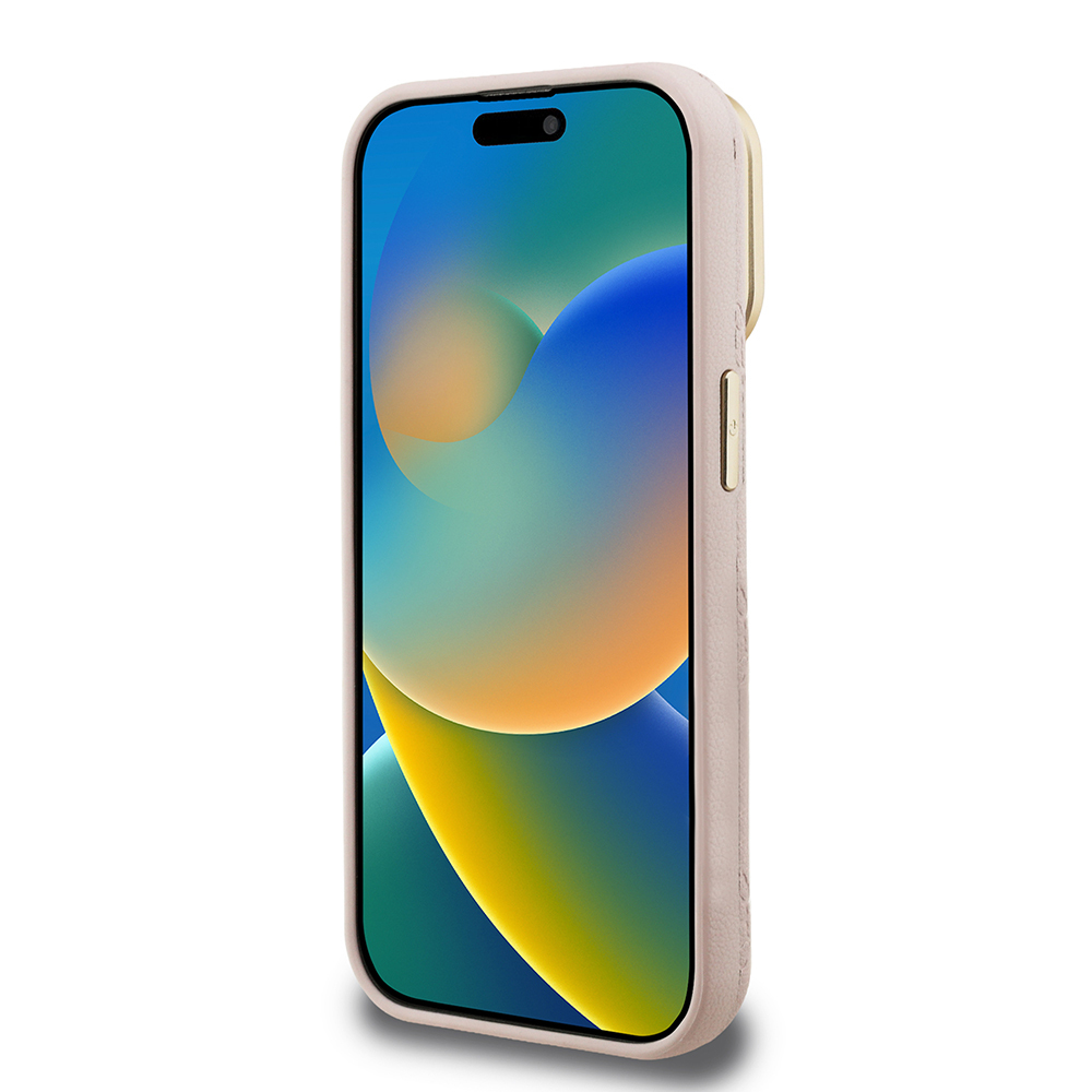 Apple iPhone 15 Pro Uyumlu Kılıf Guess Orjinal Lisanslı M-safe Şarj Özellikli Sıcak Baskılı Yazı Logolu Kamera Standlı PU Deri Peony Kapak - 18