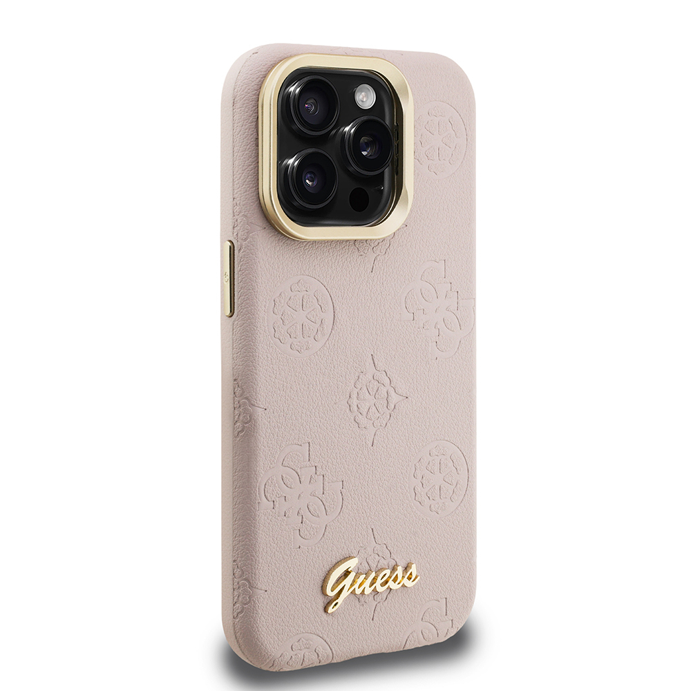 Apple iPhone 15 Pro Max Uyumlu Kılıf Guess Orjinal Lisanslı M-safe Şarj Özellikli Sıcak Baskılı Yazı Logolu Kamera Standlı PU Deri Peony Kapak - 17