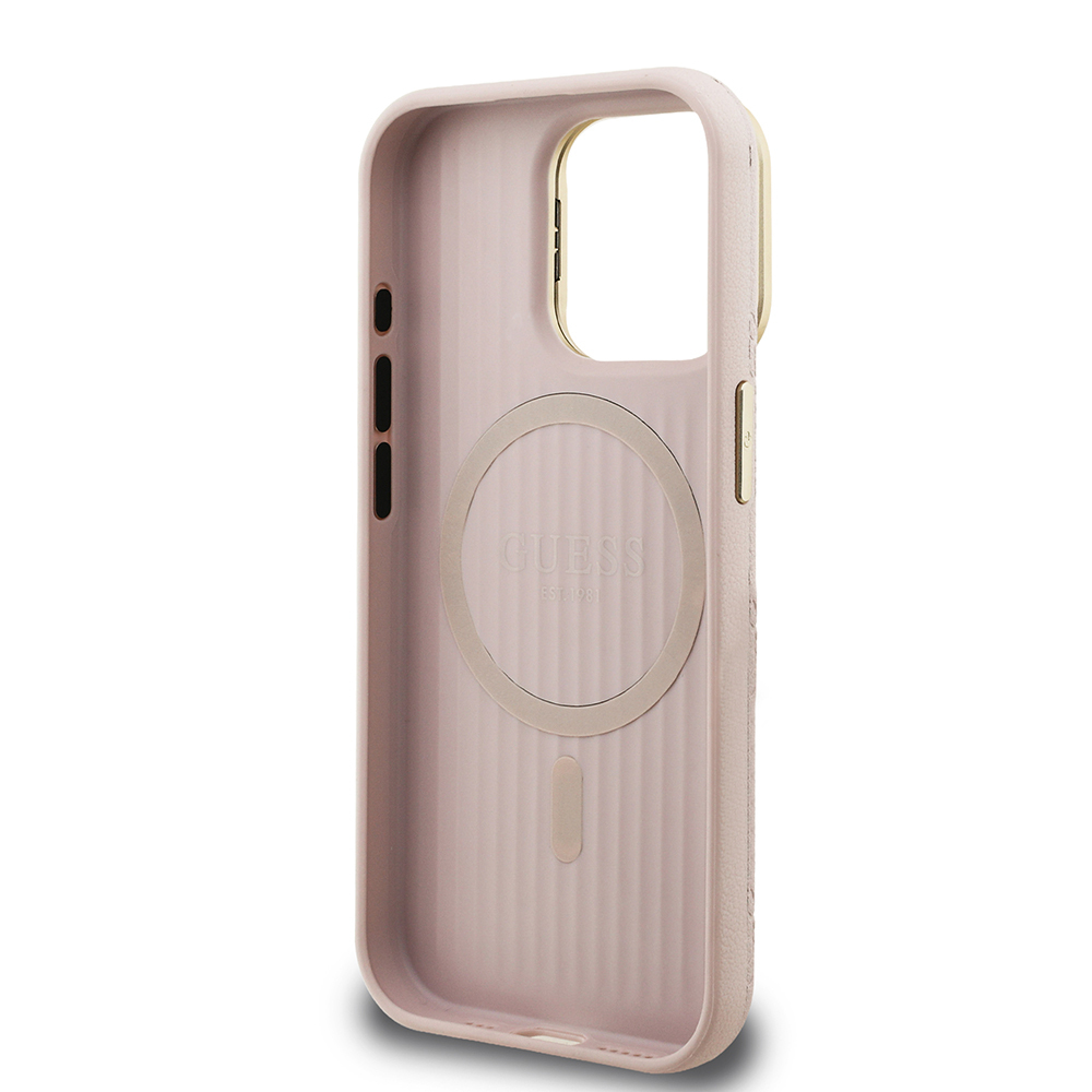 Apple iPhone 15 Pro Max Uyumlu Kılıf Guess Orjinal Lisanslı M-safe Şarj Özellikli Sıcak Baskılı Yazı Logolu Kamera Standlı PU Deri Peony Kapak - 20