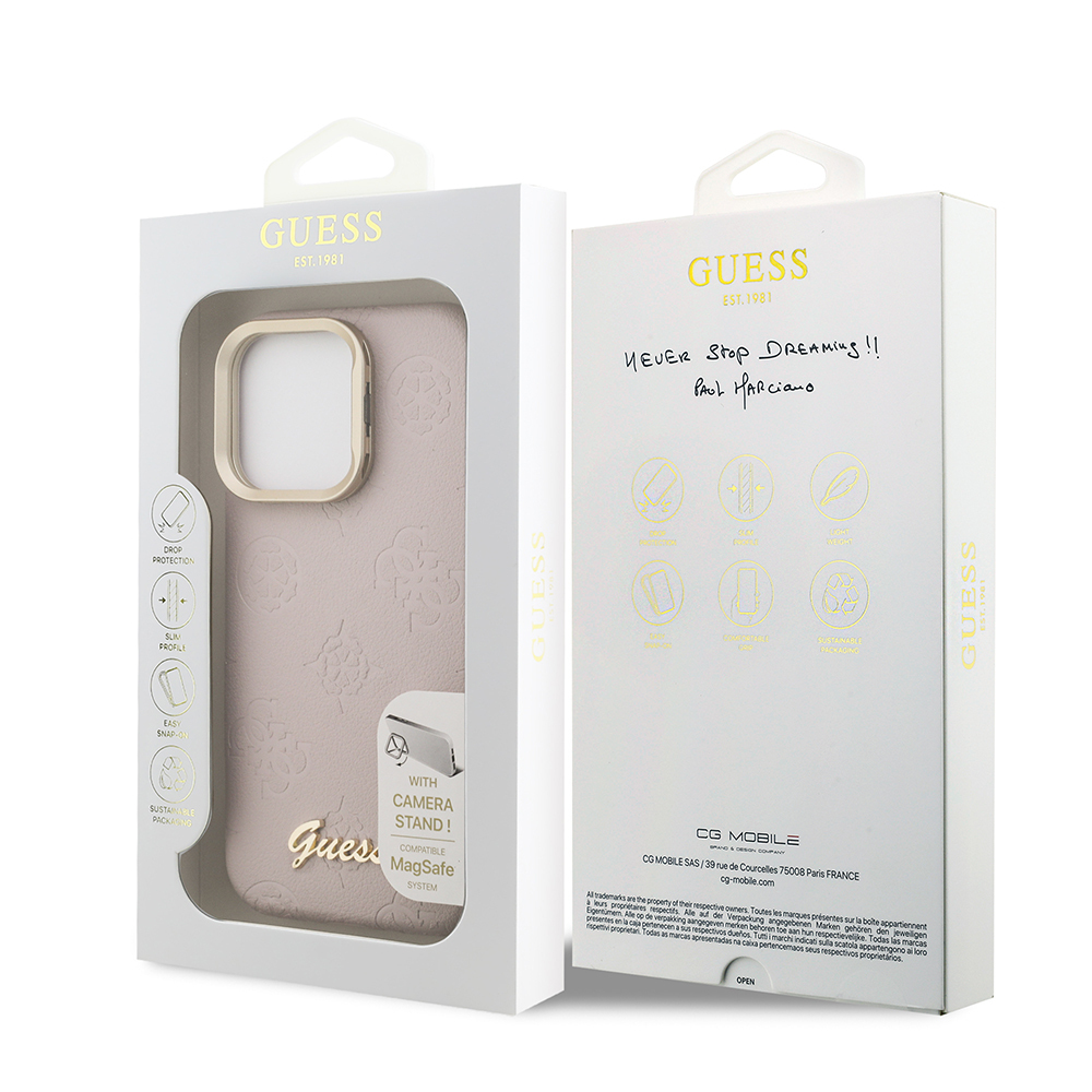 Apple iPhone 15 Pro Max Uyumlu Kılıf Guess Orjinal Lisanslı M-safe Şarj Özellikli Sıcak Baskılı Yazı Logolu Kamera Standlı PU Deri Peony Kapak - 21