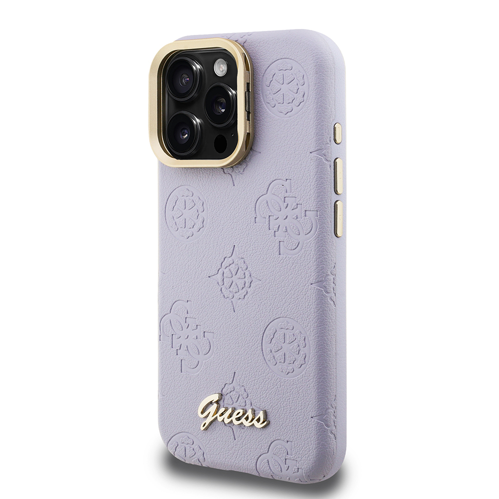 Apple iPhone 15 Pro Max Uyumlu Kılıf Guess Orjinal Lisanslı M-safe Şarj Özellikli Sıcak Baskılı Yazı Logolu Kamera Standlı PU Deri Peony Kapak - 22