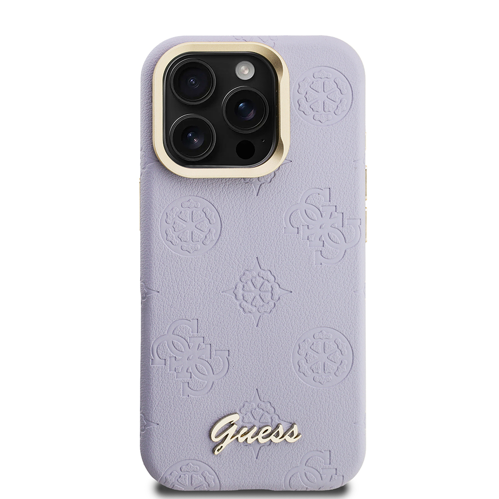 Apple iPhone 15 Pro Max Uyumlu Kılıf Guess Orjinal Lisanslı M-safe Şarj Özellikli Sıcak Baskılı Yazı Logolu Kamera Standlı PU Deri Peony Kapak - 23