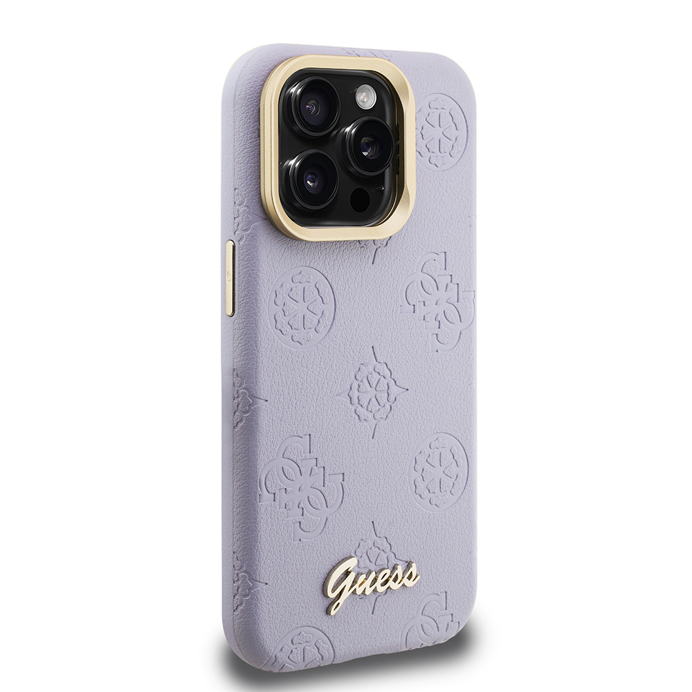Apple iPhone 15 Pro Max Uyumlu Kılıf Guess Orjinal Lisanslı M-safe Şarj Özellikli Sıcak Baskılı Yazı Logolu Kamera Standlı PU Deri Peony Kapak - 24