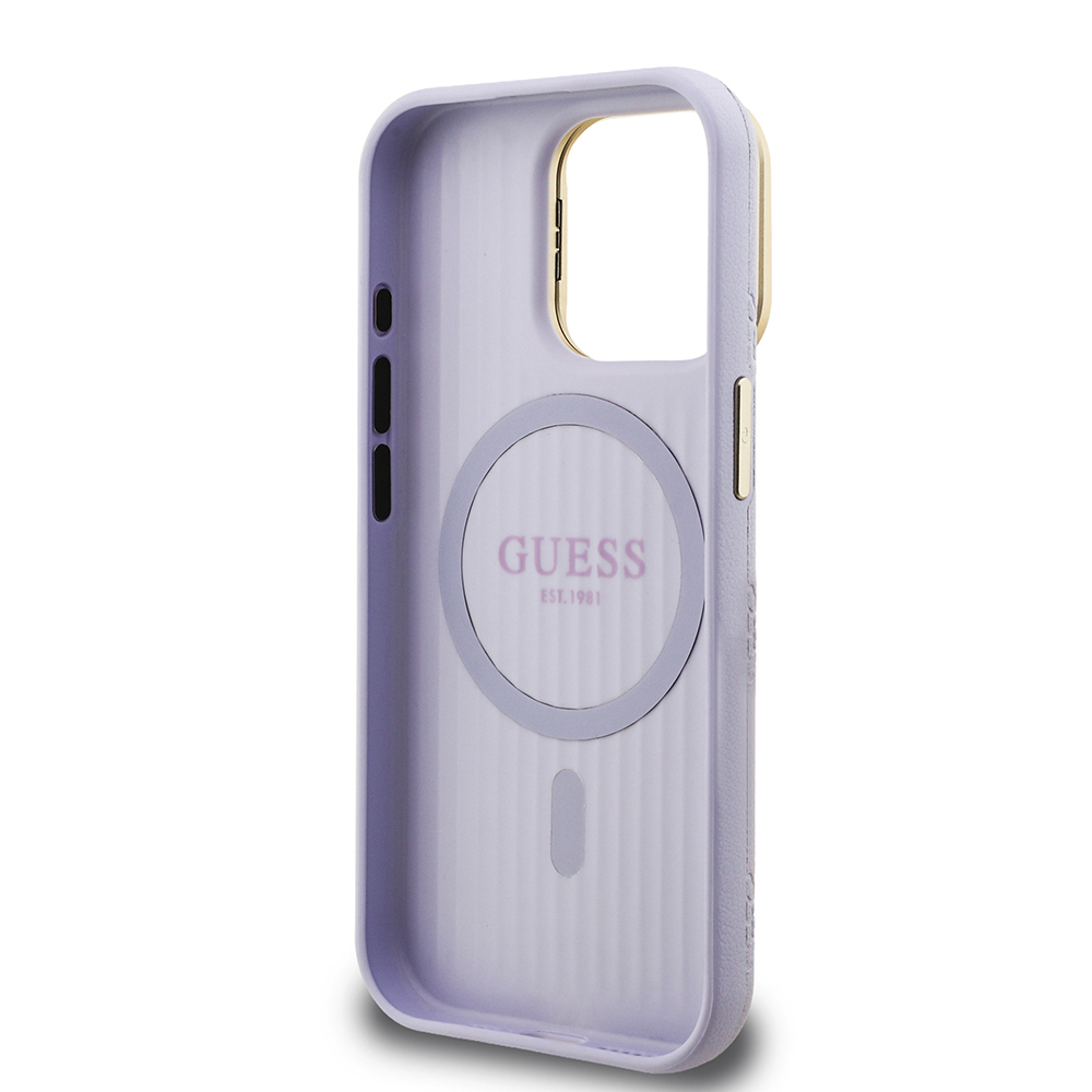 Apple iPhone 15 Pro Max Uyumlu Kılıf Guess Orjinal Lisanslı M-safe Şarj Özellikli Sıcak Baskılı Yazı Logolu Kamera Standlı PU Deri Peony Kapak - 27