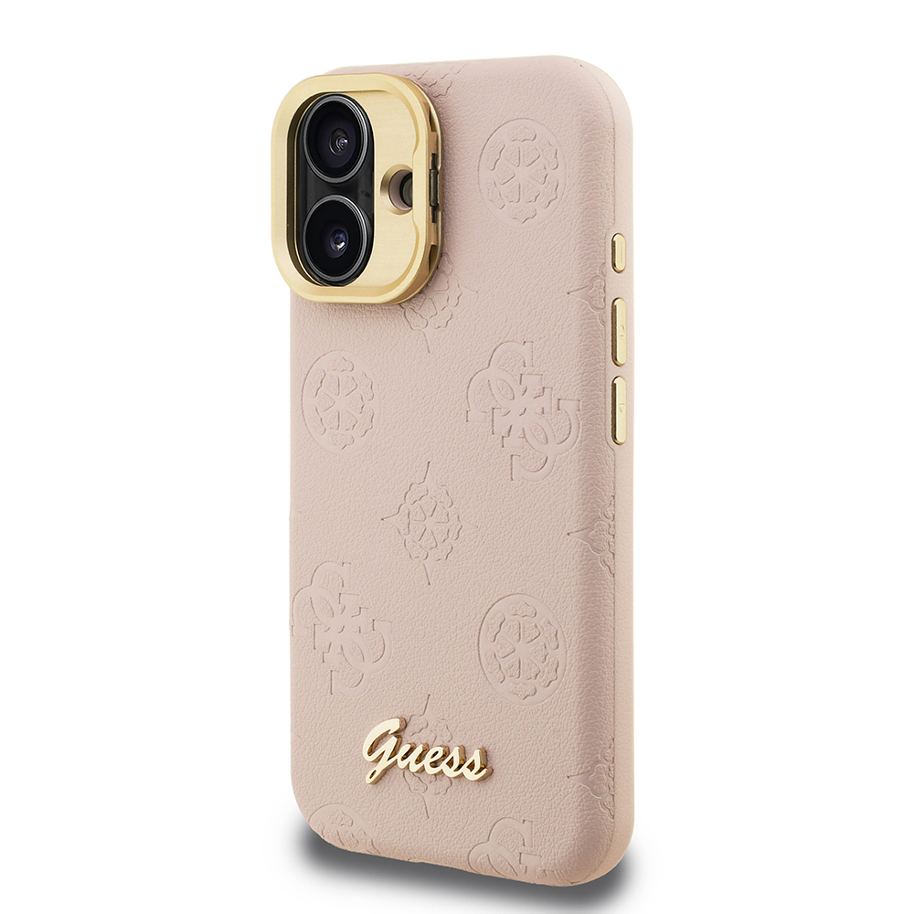 Apple iPhone 16 Uyumlu Kılıf Guess Orjinal Lisanslı M-safe Şarj Özellikli Sıcak Baskılı Yazı Logolu Kamera Standlı PU Deri Peony Kapak - 1