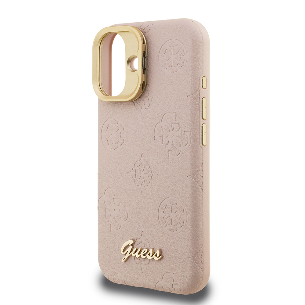 Apple iPhone 16 Uyumlu Kılıf Guess Orjinal Lisanslı M-safe Şarj Özellikli Sıcak Baskılı Yazı Logolu Kamera Standlı PU Deri Peony Kapak - 5