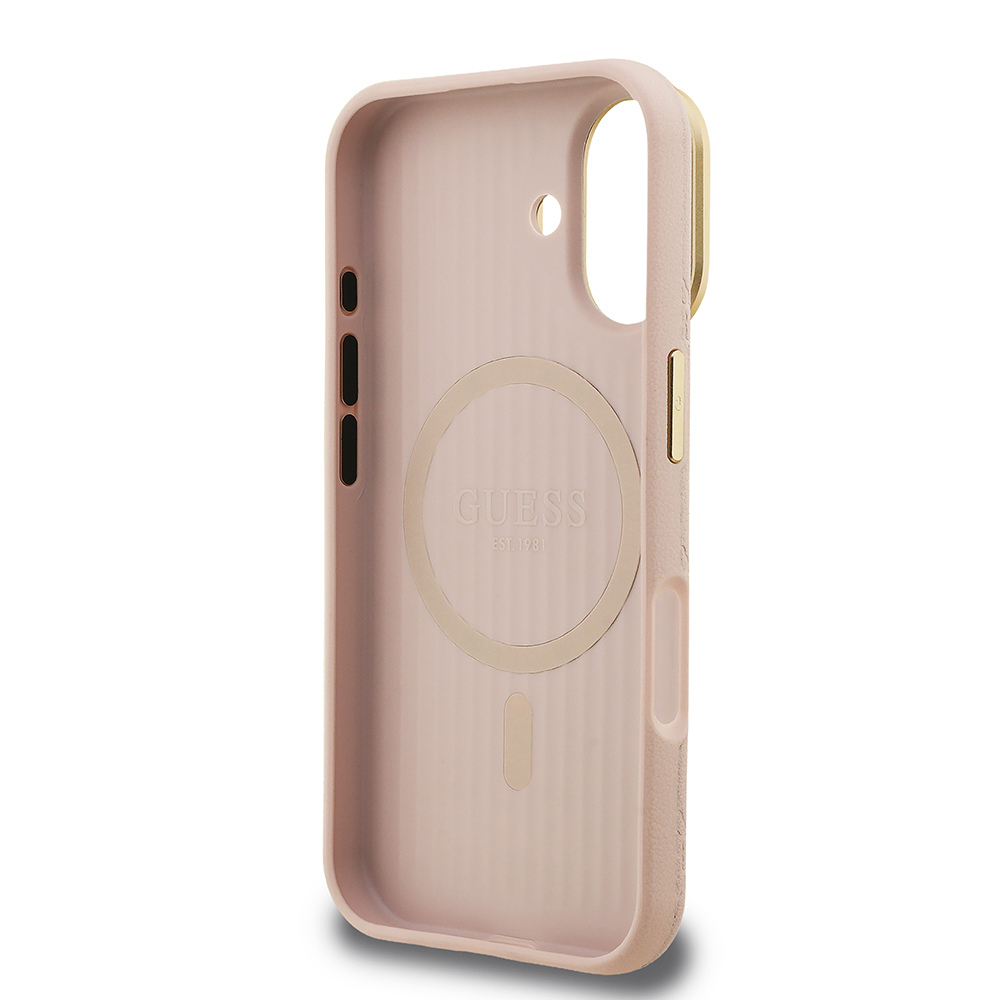 Apple iPhone 16 Uyumlu Kılıf Guess Orjinal Lisanslı M-safe Şarj Özellikli Sıcak Baskılı Yazı Logolu Kamera Standlı PU Deri Peony Kapak - 6
