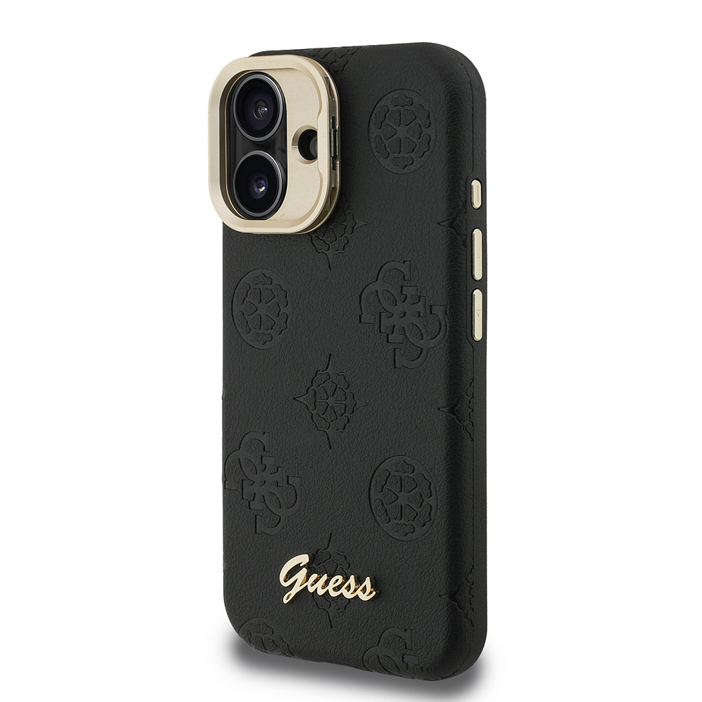 Apple iPhone 16 Uyumlu Kılıf Guess Orjinal Lisanslı M-safe Şarj Özellikli Sıcak Baskılı Yazı Logolu Kamera Standlı PU Deri Peony Kapak - 8