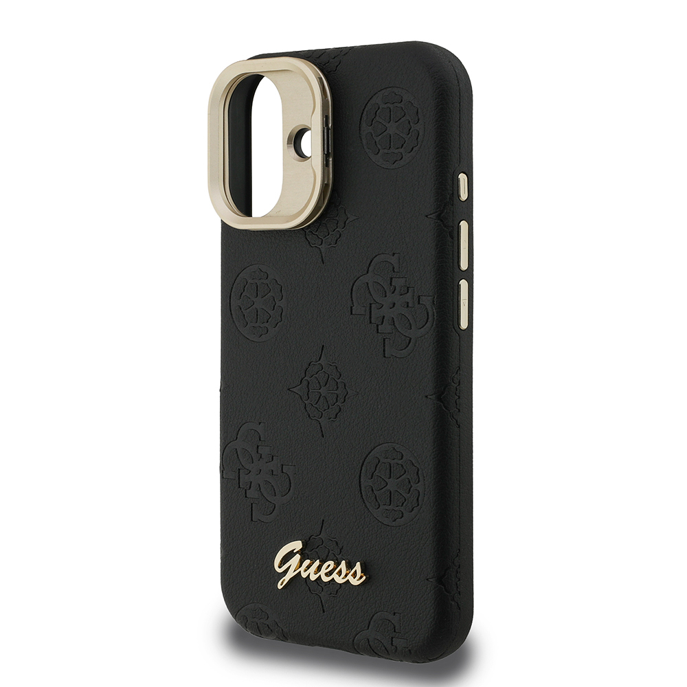 Apple iPhone 16 Uyumlu Kılıf Guess Orjinal Lisanslı M-safe Şarj Özellikli Sıcak Baskılı Yazı Logolu Kamera Standlı PU Deri Peony Kapak - 12