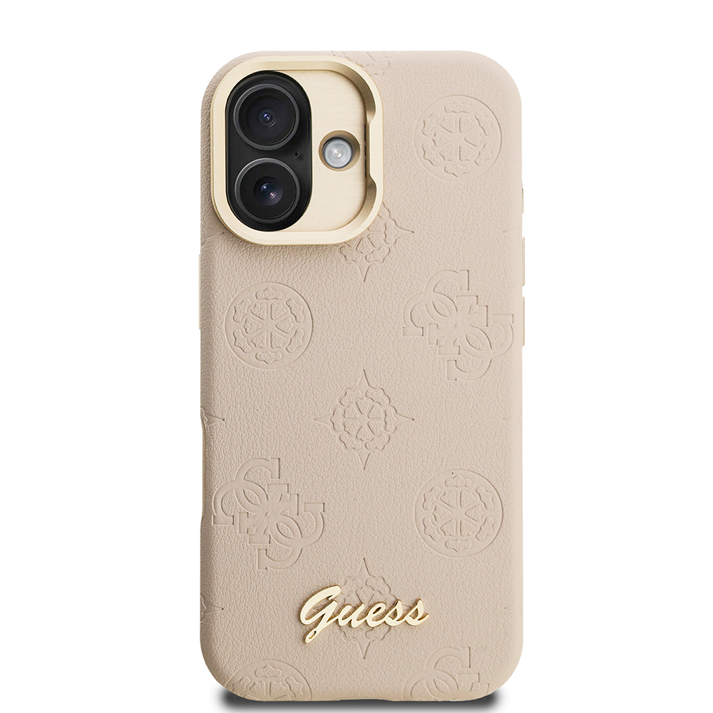 Apple iPhone 16 Uyumlu Kılıf Guess Orjinal Lisanslı M-safe Şarj Özellikli Sıcak Baskılı Yazı Logolu Kamera Standlı PU Deri Peony Kapak - 16