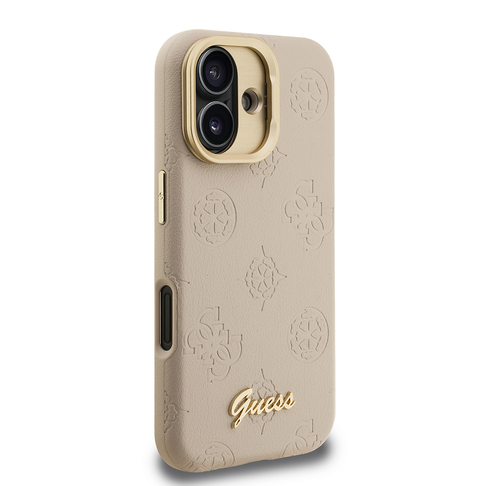 Apple iPhone 16 Uyumlu Kılıf Guess Orjinal Lisanslı M-safe Şarj Özellikli Sıcak Baskılı Yazı Logolu Kamera Standlı PU Deri Peony Kapak - 17