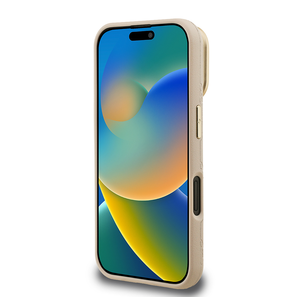 Apple iPhone 16 Uyumlu Kılıf Guess Orjinal Lisanslı M-safe Şarj Özellikli Sıcak Baskılı Yazı Logolu Kamera Standlı PU Deri Peony Kapak - 18