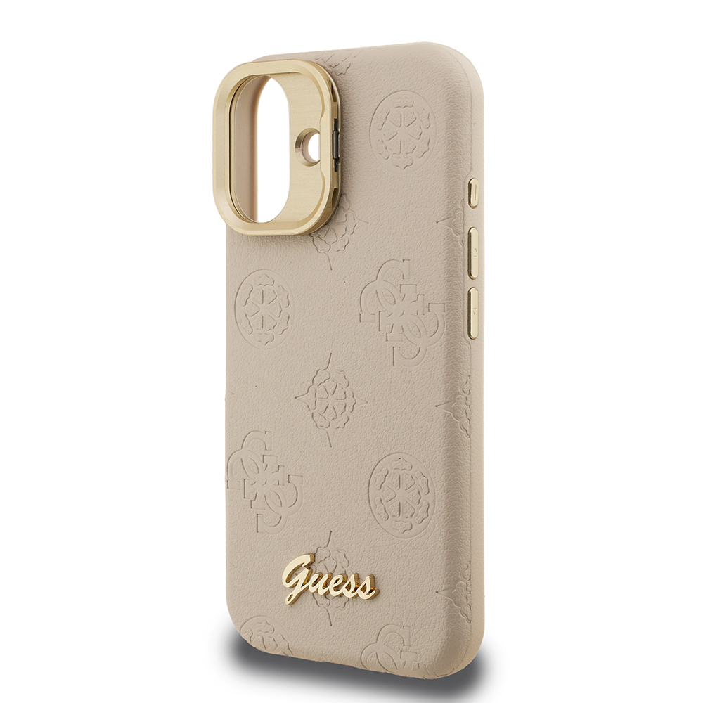 Apple iPhone 16 Uyumlu Kılıf Guess Orjinal Lisanslı M-safe Şarj Özellikli Sıcak Baskılı Yazı Logolu Kamera Standlı PU Deri Peony Kapak - 19