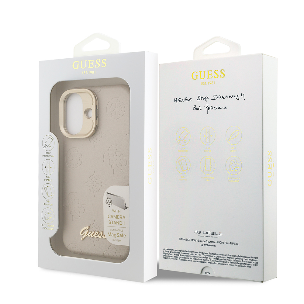Apple iPhone 16 Uyumlu Kılıf Guess Orjinal Lisanslı M-safe Şarj Özellikli Sıcak Baskılı Yazı Logolu Kamera Standlı PU Deri Peony Kapak - 21