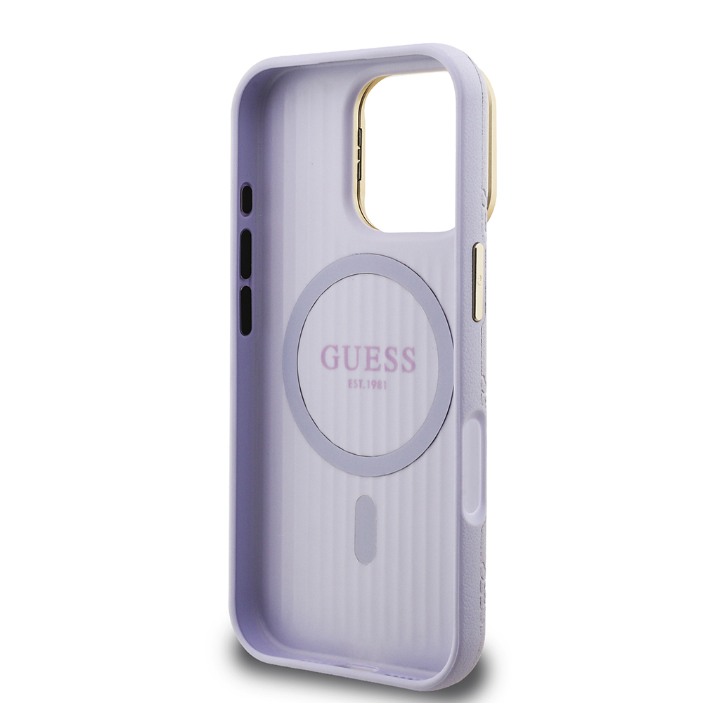 Apple iPhone 16 Pro Max Uyumlu Kılıf Guess Orjinal Lisanslı M-safe Şarj Özellikli Sıcak Baskılı Yazı Logolu Kamera Standlı PU Deri Peony Kapak - 6