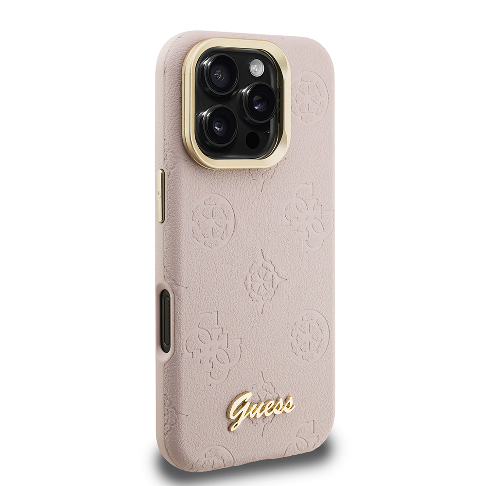 Apple iPhone 16 Pro Max Uyumlu Kılıf Guess Orjinal Lisanslı M-safe Şarj Özellikli Sıcak Baskılı Yazı Logolu Kamera Standlı PU Deri Peony Kapak - 10