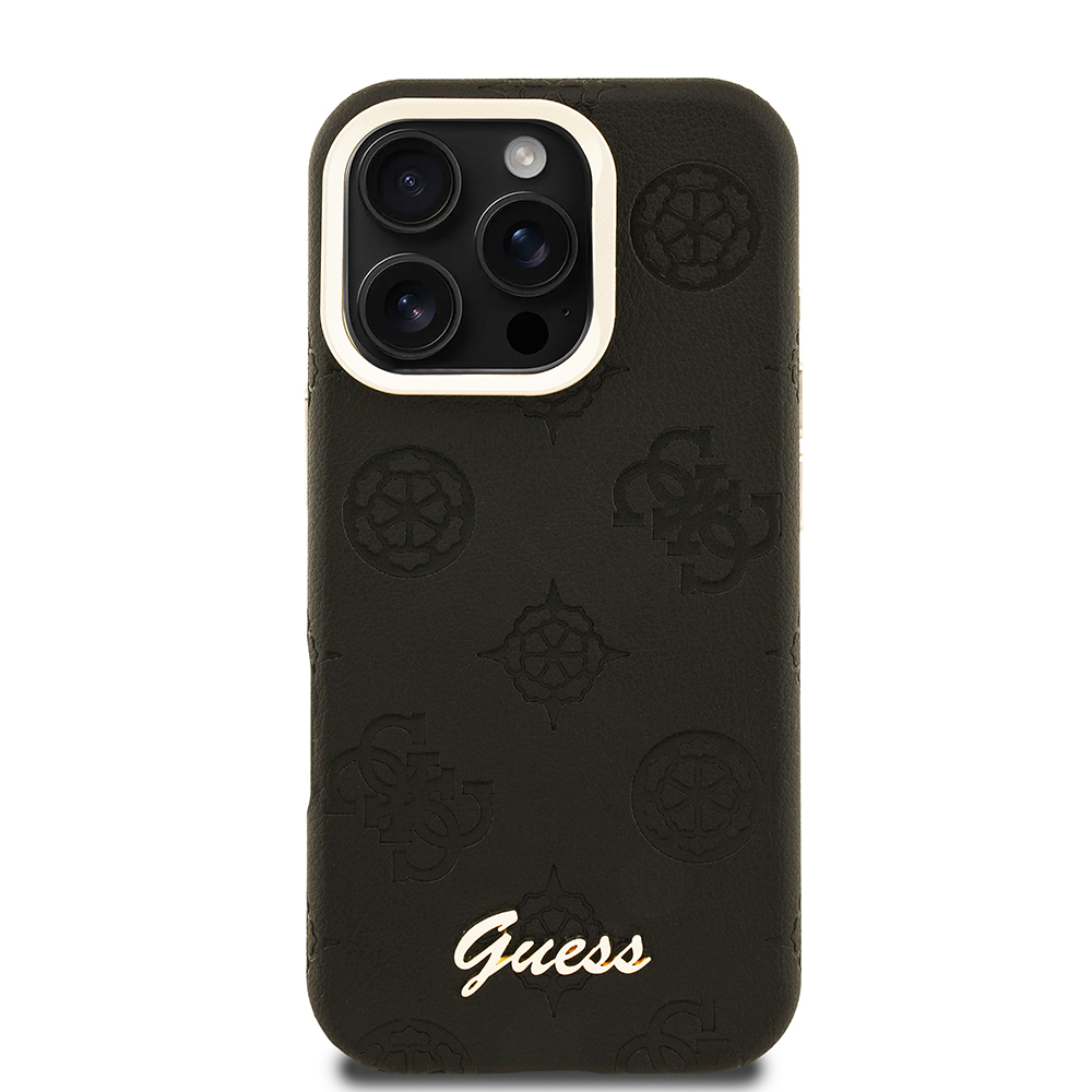 Apple iPhone 16 Pro Max Uyumlu Kılıf Guess Orjinal Lisanslı M-safe Şarj Özellikli Sıcak Baskılı Yazı Logolu Kamera Standlı PU Deri Peony Kapak - 16