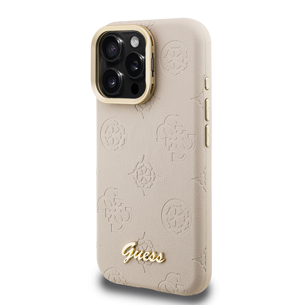 Apple iPhone 16 Pro Max Uyumlu Kılıf Guess Orjinal Lisanslı M-safe Şarj Özellikli Sıcak Baskılı Yazı Logolu Kamera Standlı PU Deri Peony Kapak - 22