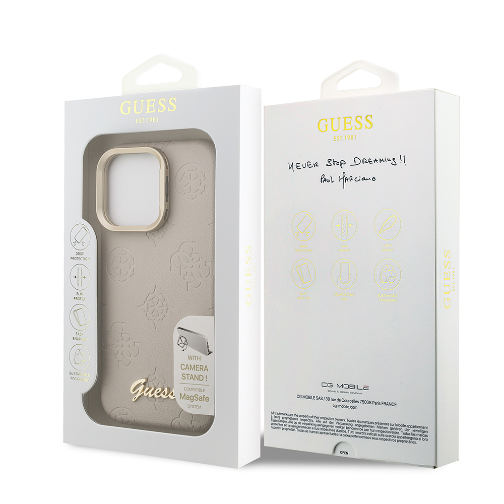 Apple iPhone 16 Pro Max Uyumlu Kılıf Guess Orjinal Lisanslı M-safe Şarj Özellikli Sıcak Baskılı Yazı Logolu Kamera Standlı PU Deri Peony Kapak - 28